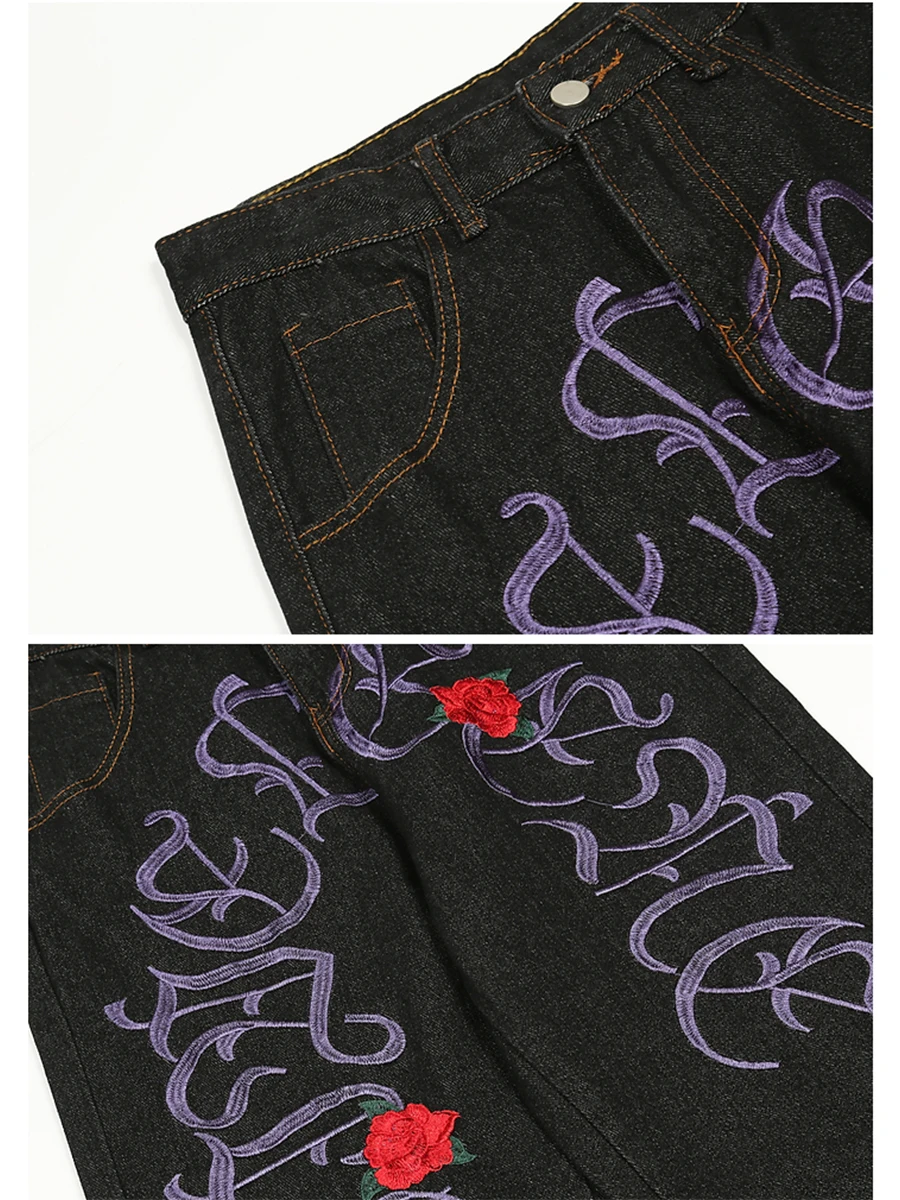 Y2K Men's Jeans European Style with Street Rose Embroidery Hip Hop Straight Loose Trousers Ins Hot Sale - Four Seasons