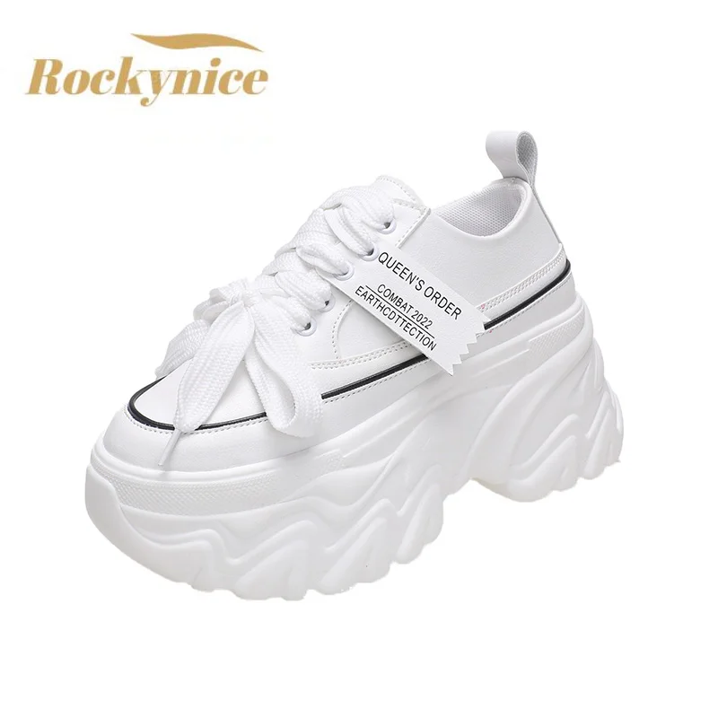 8cm High Platform Wedges Sneakers Autumn Chunky Leather Shoes Woman Lace Up Dad White Shoes
