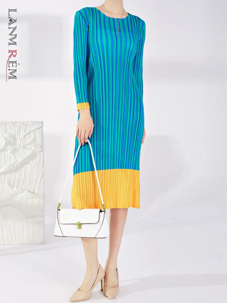 

Платье женское Плиссированное в полоску, с круглым вырезом и разрезом