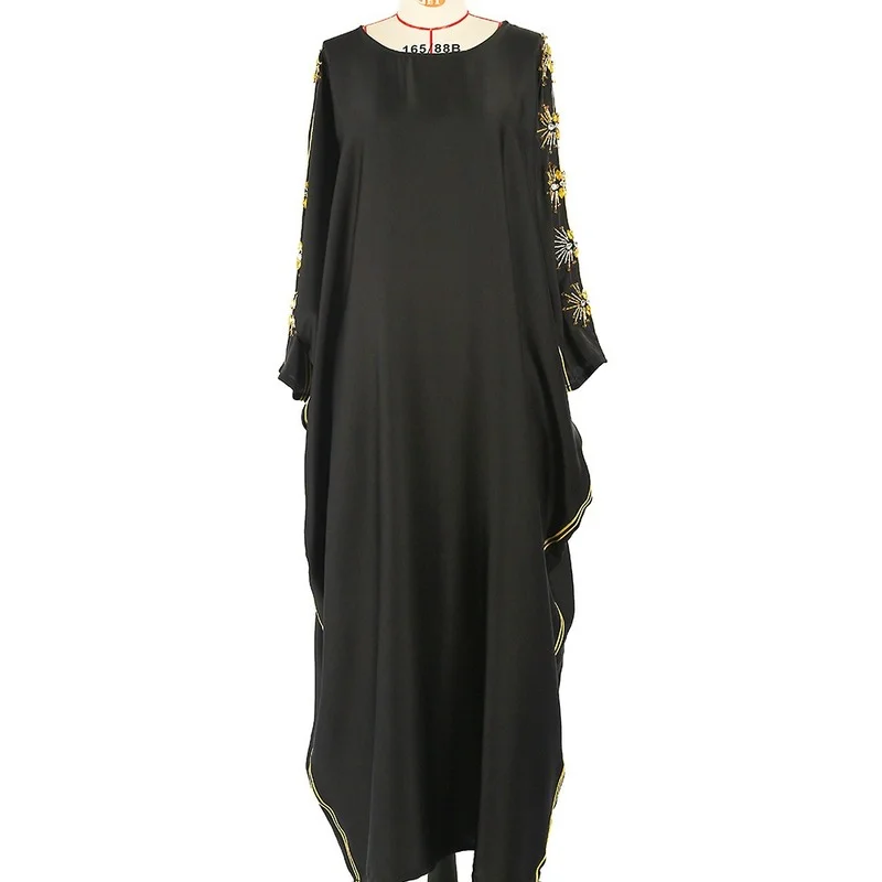 Handwork Diamonds Moroccan Caftan Black Satin Abaya Batwing Cape Evening Party Dress Women Islam Clothing Jalabiya Muslim Kaftan