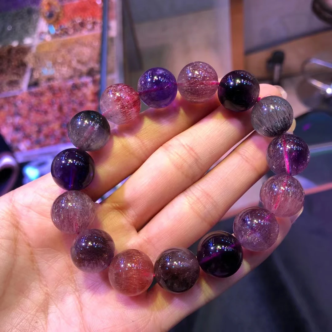 

Natural Red Lepidocrocite Purple Super Seven 7 Rutilated Quartz Bracelet 14mm Big Clear Round Beads Crystal Women Men AAAAAAA