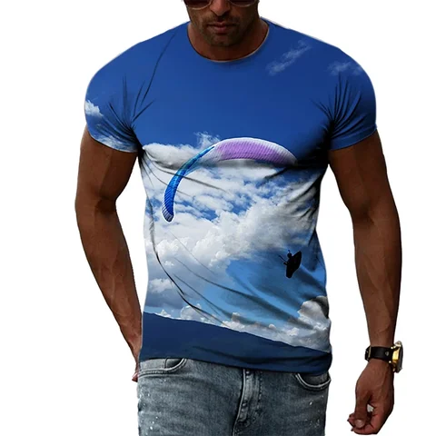 Продам модную новую летнюю мужскую футболку для занятий спортом на открытом воздухе с парашютом, с 3D принтом, круглым воротником, с коротким рукавом, персонализированную фитнес-футболку