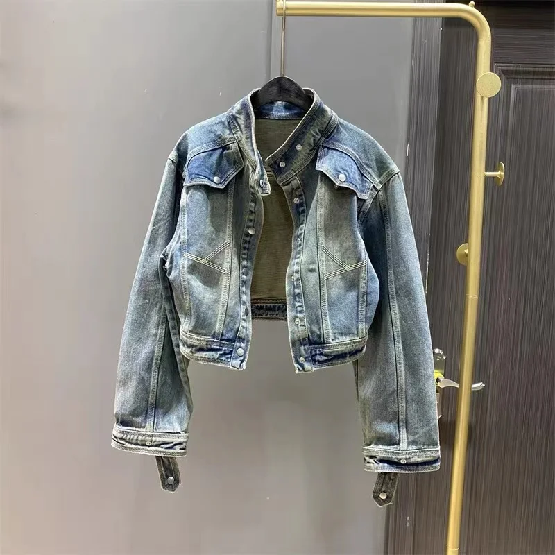 

2023 Spring and Autumn New Hong Kong Flavor Retro Short Denim Coat Women's Loose and Slim Stand-up Collar Jacket Top Tide