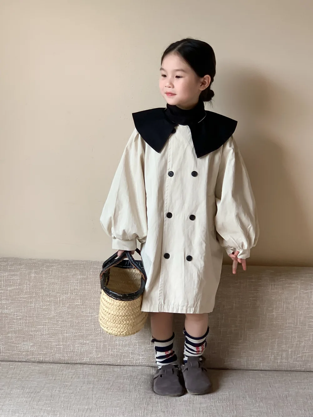 

Autumn New Dress For Kids Girl Puff Sleeve And Contrast Color Dress