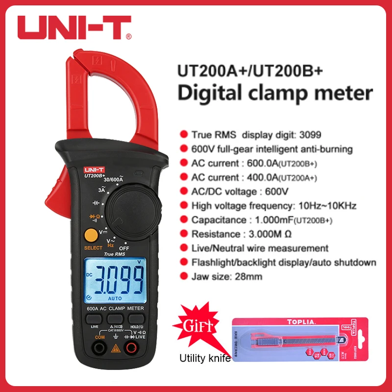 

UNI-T Digital Clamp Tester Pliers True RMS UT200A+ UT200B+ AC DC Current Ammeter Voltage Resistance Frequency Meter 400-600A