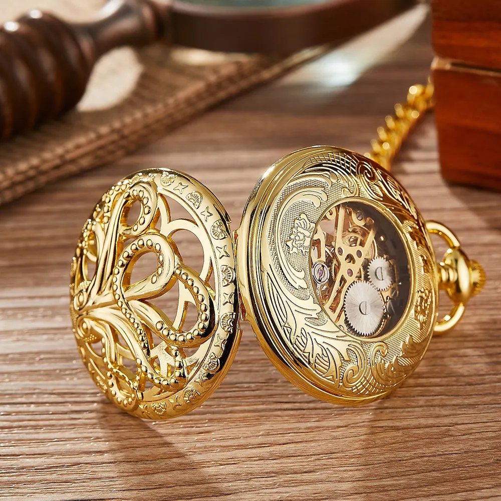 Vintage Retro Skeleton Cute Octopus Animal Mechanical Pocket Watch Mens Fob Chain Golden Automatic Self-winding Women Men Watch