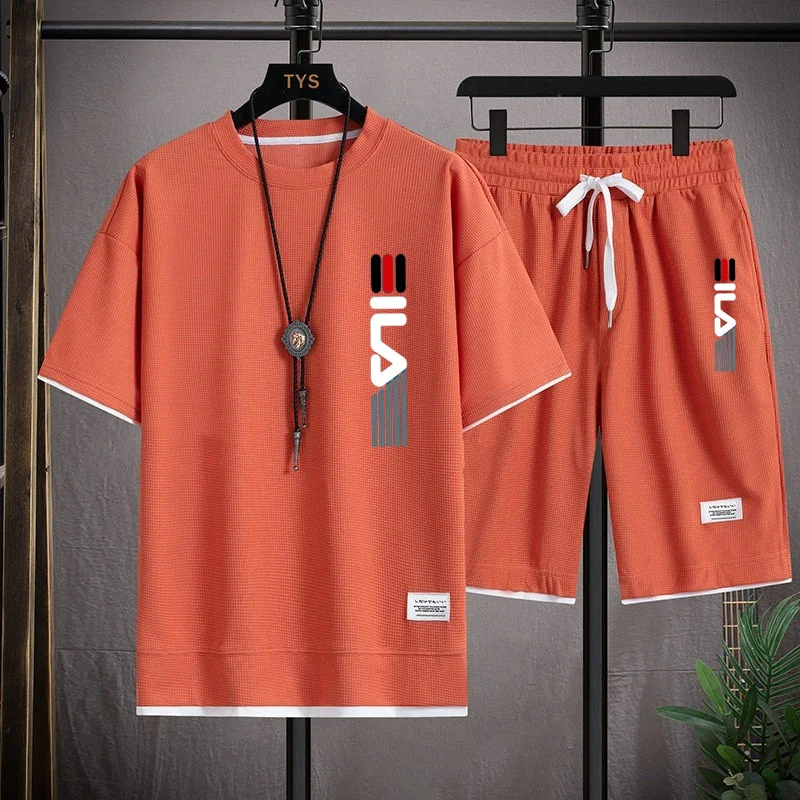 Мужской спортивный костюм с вафельным принтом повседневный свободный из