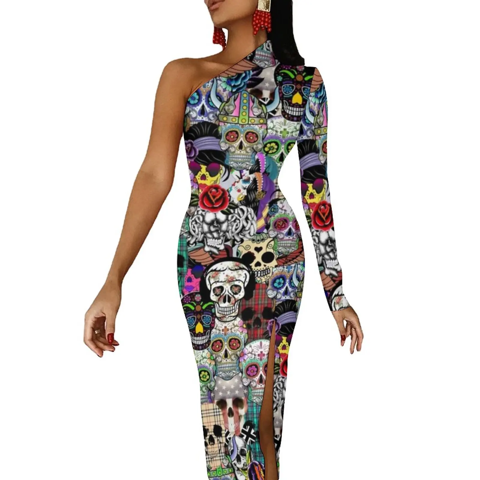 

Bone Skeleton Maxi Dress One Shoulder Halloween Pop Art Cool Trendy Bodycon Dress Autumn High Slit Street Wear Long Dresses