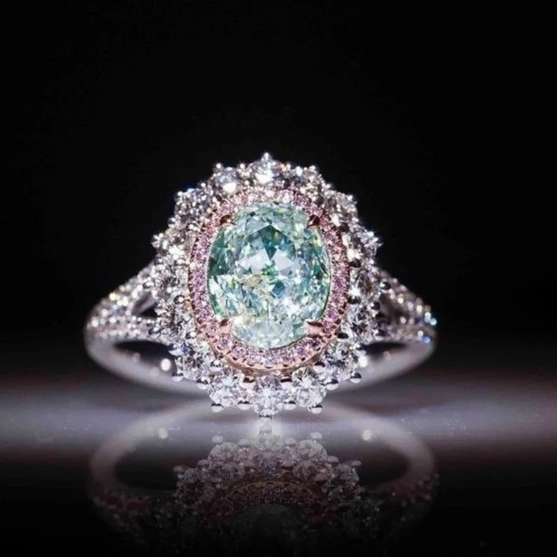 Pink crystal diamond ring for women inlaid with green topaz color gem for women