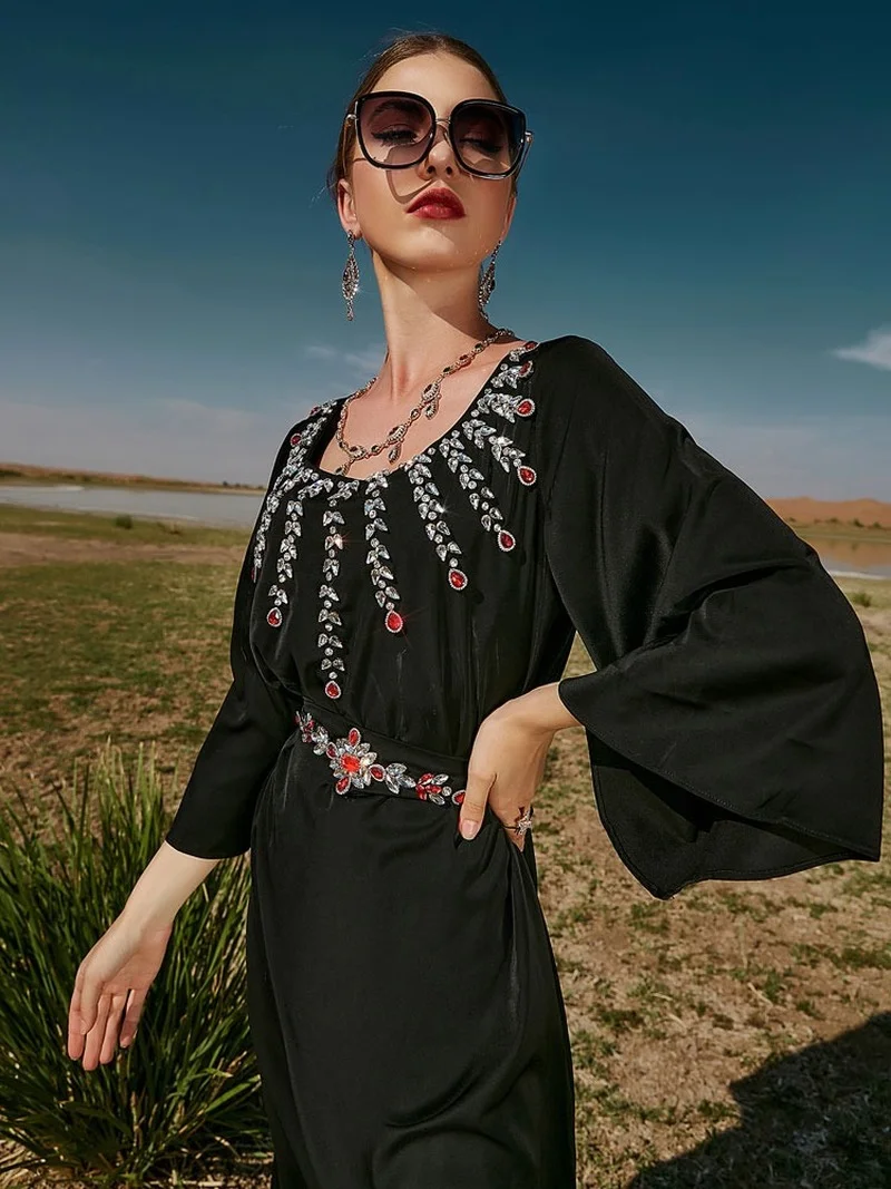 Rhinestone Kaftan Women Moroccan Party Caftan Satin Flare Sleeve Muslim Long Dress Belted Arab Dubai Saudi Abaya  Ramadan Black