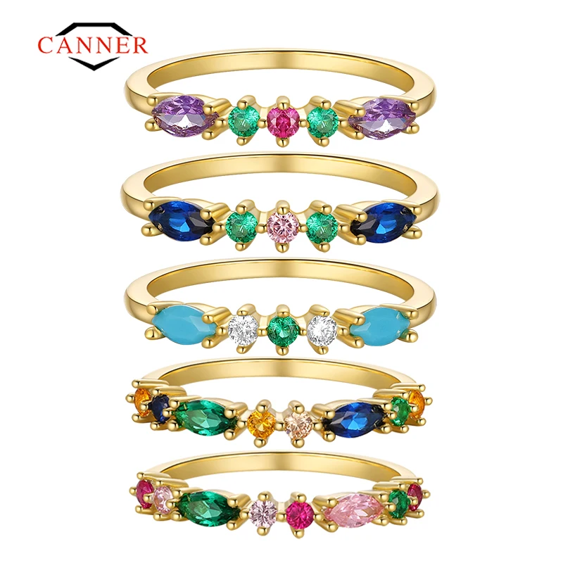 CANNER Sky Blue Turquoise Purple Zircon 925 Sterling Silver 18K Gold Plated Rings for Women Girls Fine Jewelry Anillos Gifts