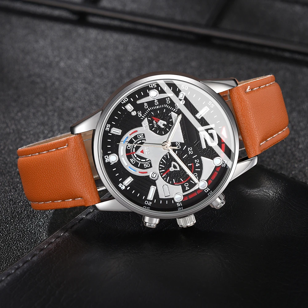 4 шт./набор мужские кварцевые часы с кожаным ремешком