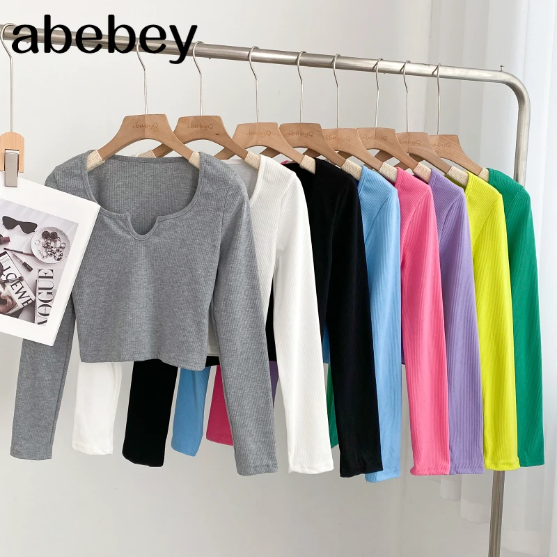 

Модная Универсальная футболка с V-образным вырезом и длинным рукавом Однотонная разноцветная эластичная короткая футболка с высокой талие...