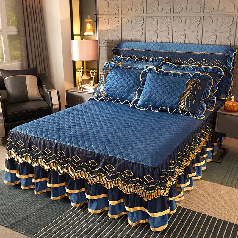 Crystal Velvet Bede Cover Warm Quilted Bed Skirt Three-Piece Thickened Bedspread Winter Fleece-lined Backrest All-Inclusiv...