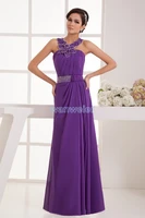 free shipping 2016 formal dress long new design hot sale albanian brides maid dress beaing halter chiffon purple evening dresses