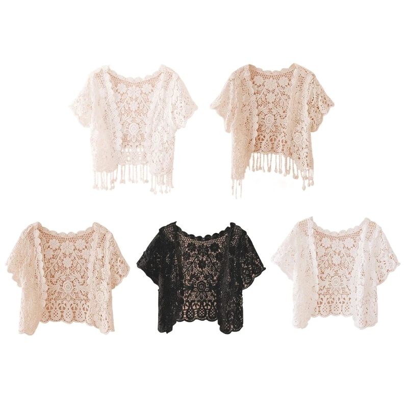 

652F Women Short Sleeve Tassels Cardigan Lace Shrugs Sheer Beach Cover Up for Dresses