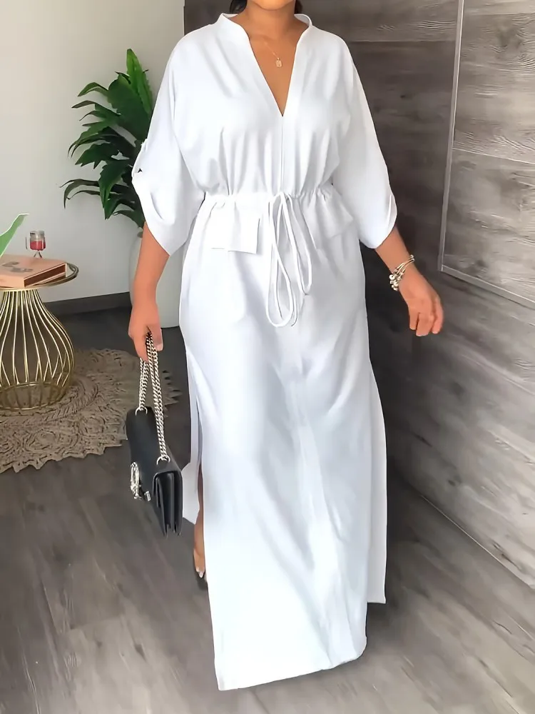 Summer Muslim Fashion Abaya Dubai Dress for Women Sexy V-neck Solid Dresses Lace Up High Waist Loose Robe Arabic Turkish Dresses