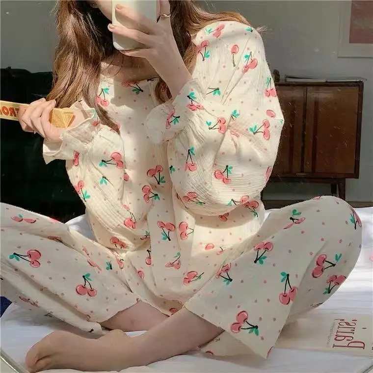 

Women's Cute Cherry Print Cotton Blend Pajamas Set Lady Sweet Homewear Clothing Set Spring Autumn Loose Sleepwear Suit