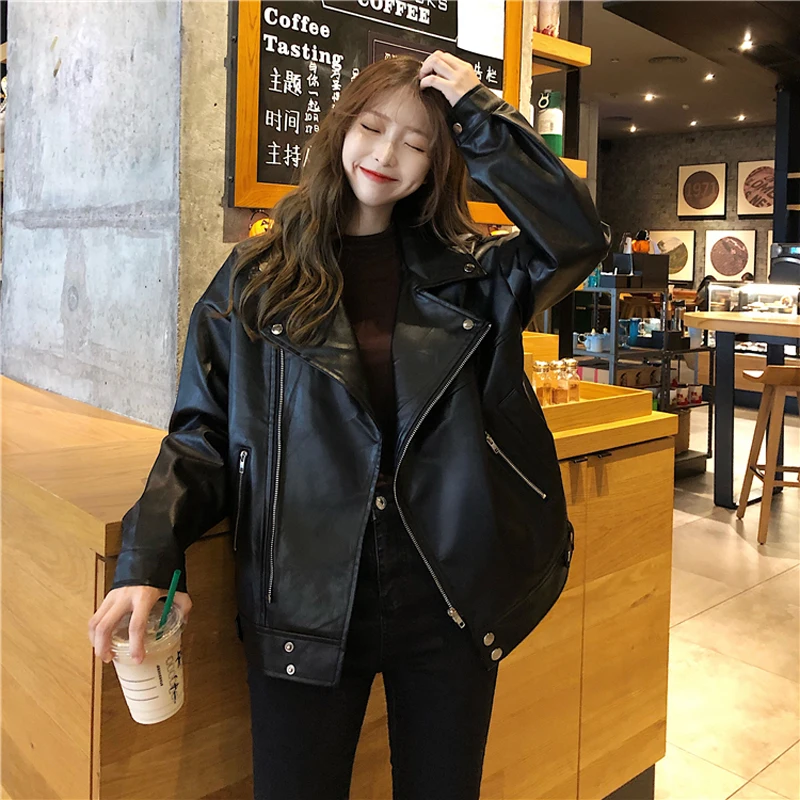 Oversize Women Leather Jackets Korean Winter Autumn  Long Sleeve PU Leather Coat Female Fashion Cool Girl Motocycle Zipper Coat