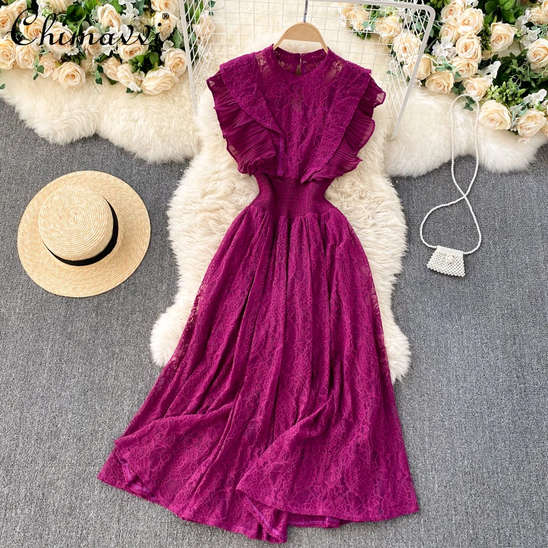 

French Fashion Pleated Ruffled Dresses for Women 2022 Summer Clothes New High Waist Slimming Elegant Lace Long Dress Feminine