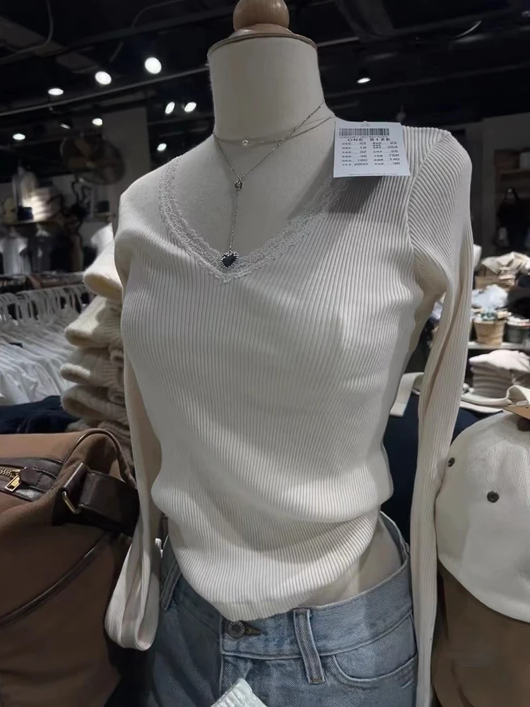 z koronkowym wykończeniem i długim rękawem dla kobiet Nowa jesienna bawełniana koszulka dekoltem w szpic Vintage Solid Sweet T-shirt Odzież Y2k