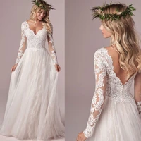 lace tulle long sleeve wedding dress 2021 boho v neck appliques bridal gown a line open back for women robe de mariee summer
