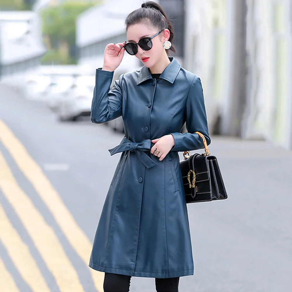 New Women Leather Coat Spring Autumn Fashion Shirt Collar Slim Waist Sheepskin Trench Coat Blue Long Outerwear Split Leather