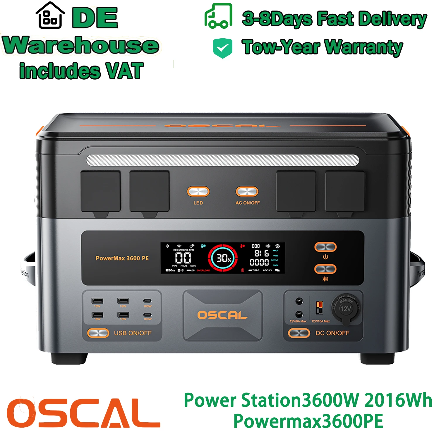 OSCAL Upgraded 2016Wh 3600W Power Station PowerMax 3600PE Ultra-Fast Multi-Mode Charging 2016Wh LiFePO4 Battery 7200W Peak Power Solar Generator