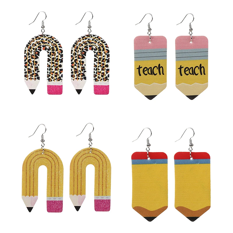 

Teachers'Day Earrings Leopard Pencil Student Teacher Earrings Teach Letter Pencil PU Leather Earrings