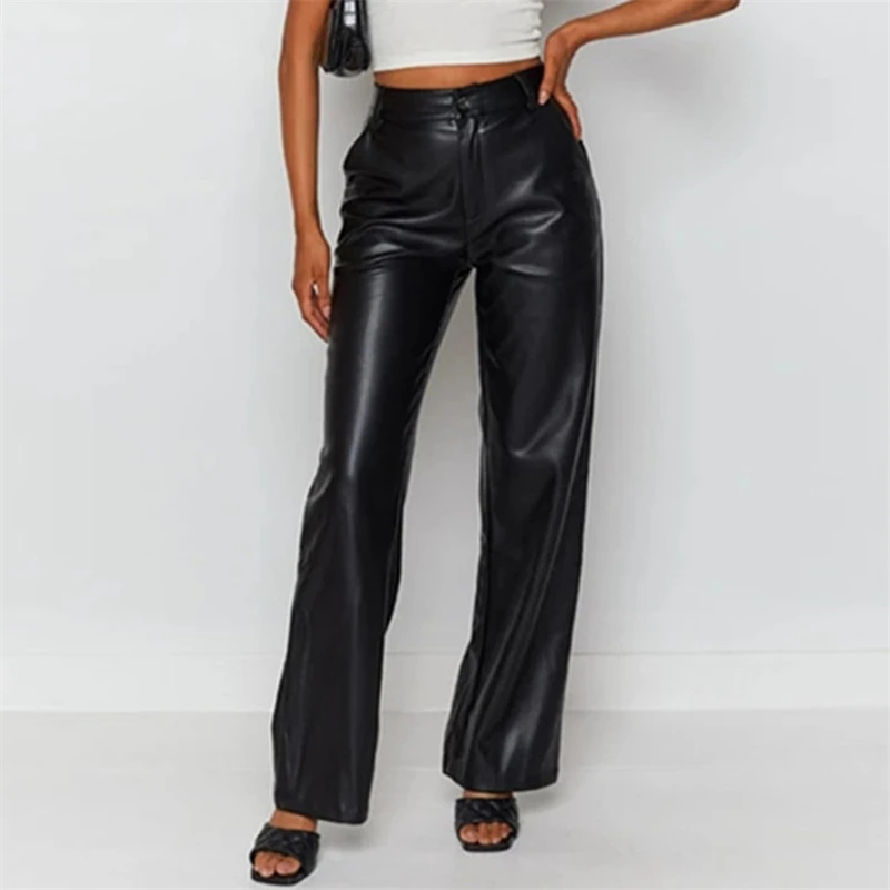 Women PU Leather Loose Trousers Solid Color Elastic High Waist Straight Wide Leg Pants with Pockets Vintage Streetwear 2023