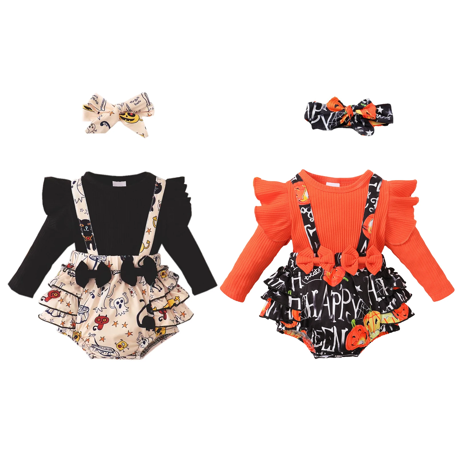 

Girls Cartoon Pumpkin Print Suspender Pumpkin Print Halloween Ruffle Romper Halloween Costumes Pumpkin Romper Bodysuit For