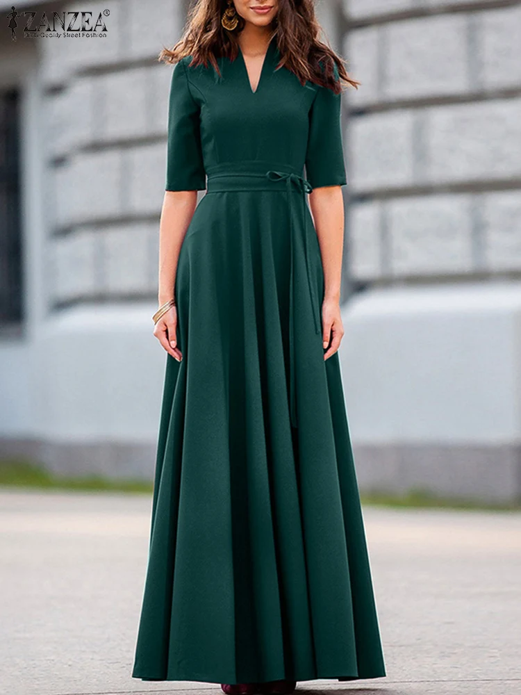 

ZANZEA Femme Fashion Casual Elegant Vintage Loose Long Robe Woman Summer Solid Dress Half Sleeve V-Neck Back Zipper Sundress