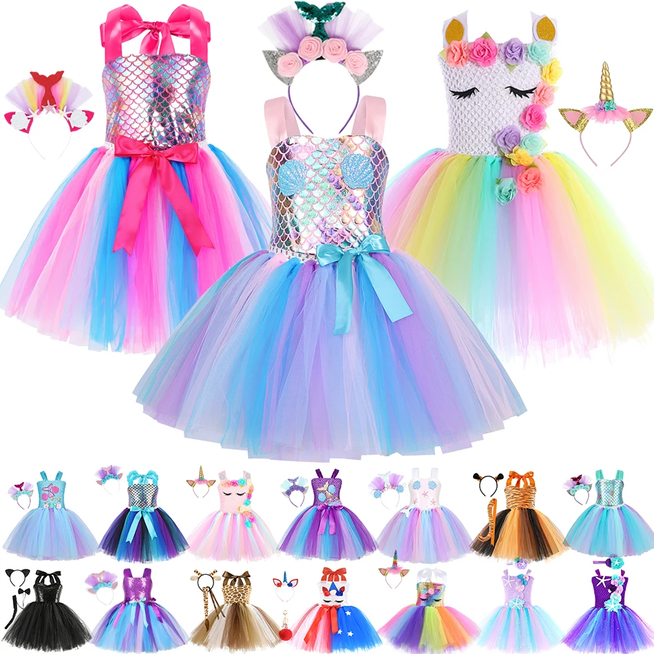 

Rainbow Unicorn Tutu Dress For Girl Cartoon Animal Cosplay Costume Stage Performance Halloween The Little Mermaid Ariel Clothes