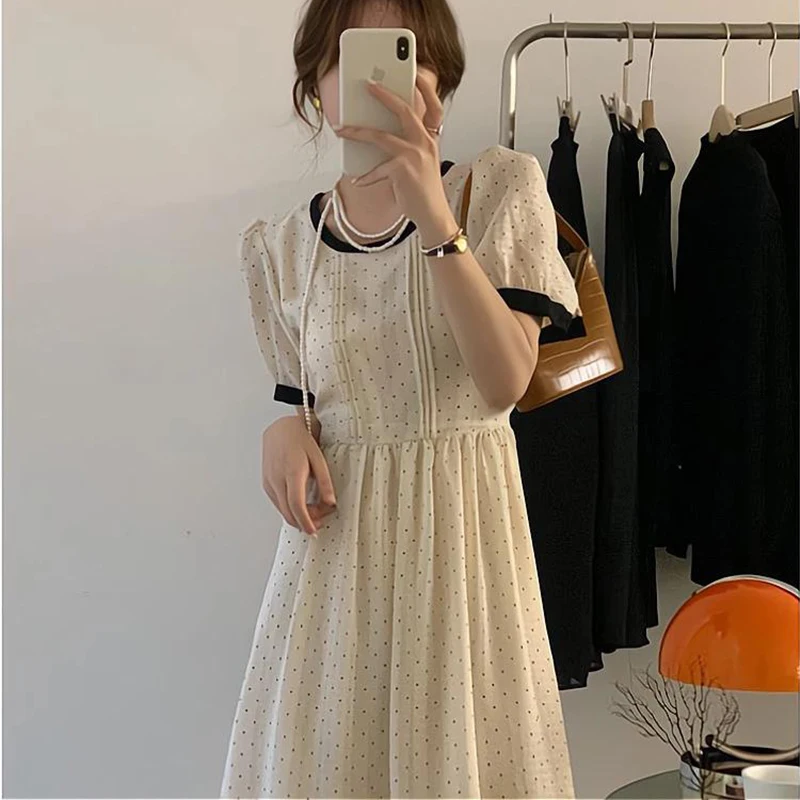 

Korea Dongdamen Temperament Long Dresses 2022 Summer New Contrast Waist Lace Up Polka Dot Dress For Women Evening Dresses