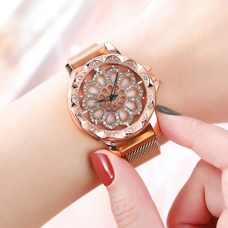 

2021 New Top Brand Rosy Gold 360 degree rotation Women Mesh Magnet Buckle Starry Sky Watch Women Quartz Watches Relogio Feminino