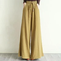 wide leg pants solid color elastic waist cotton linen drawstring long trousers spring summer loose casual pants women clothing