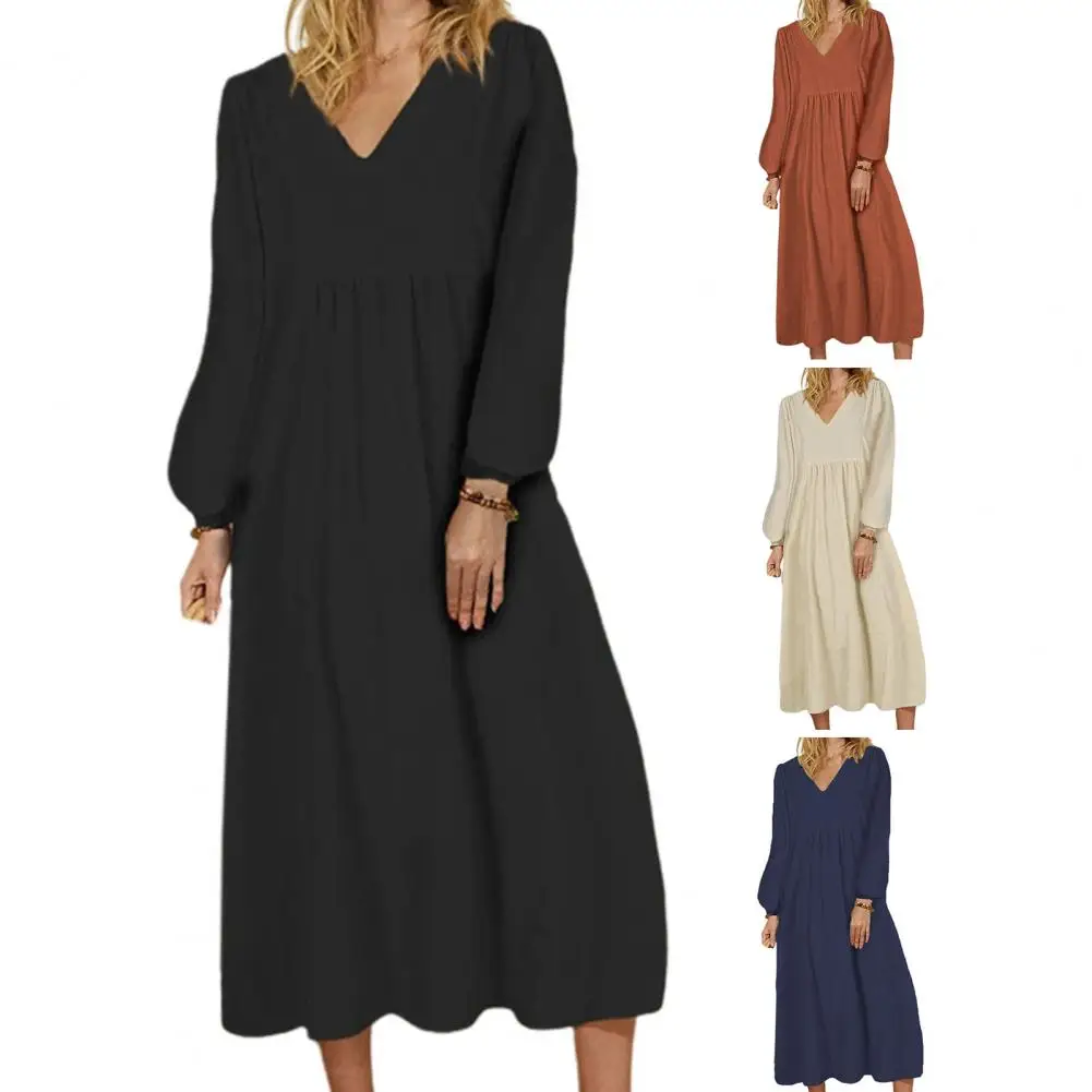 

Summer Solid Color Waist Tight Pleated Large Hem Vestidos Fashion Women's V-neck Cotton Linen Loose Lantern Sleeve Dress 2022