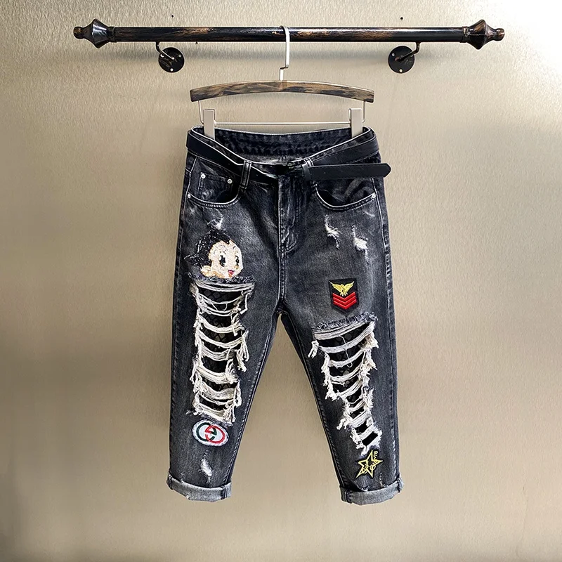 

2021 Summer Lace Ripped Jeans for Women Vintage Streetwear Ripped Skinny Jeans for Teen Girls Ankle-Length Pants jeans