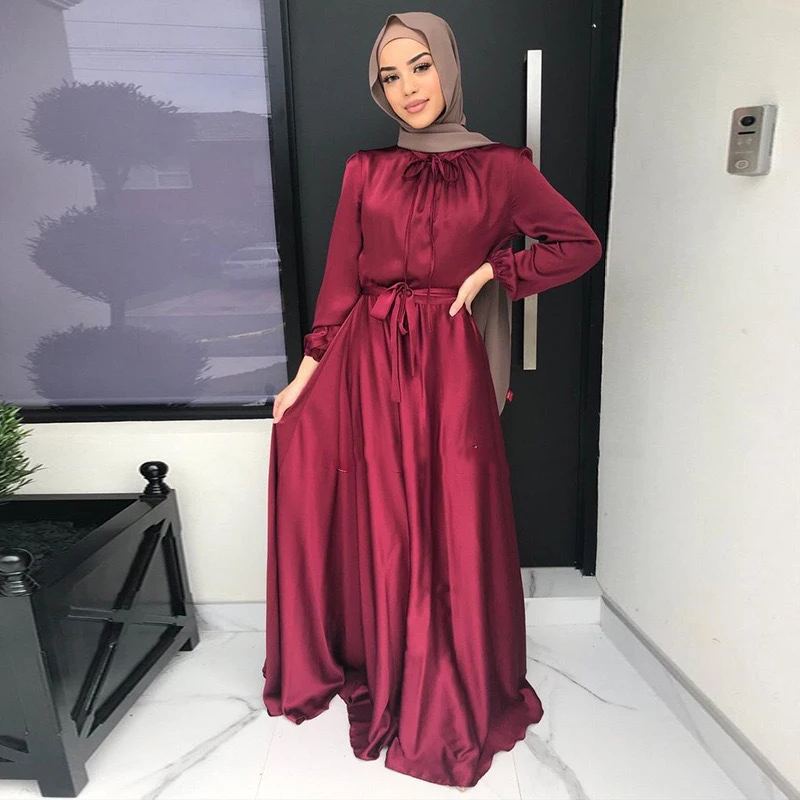 Women 2022 Spring Long Sleeve Solid Muslim Sundress Lace Up Vestido Dubai Abaya Hijab Robe Elegant Maxi Fashion Satin Dress