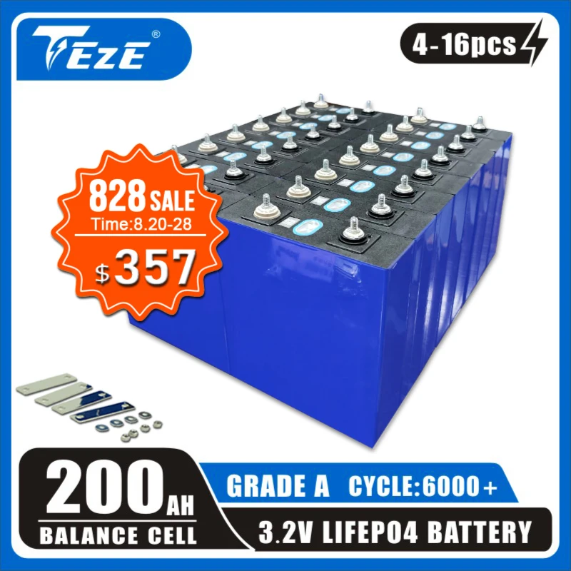 

New 3.2V 4-16Pcs LifePO4 Battery 200Ah Deep Cycle Rechargeable Bateria DIY 12V 24V 48V for RV EV Boat Solar Cell EU TAX-FREE
