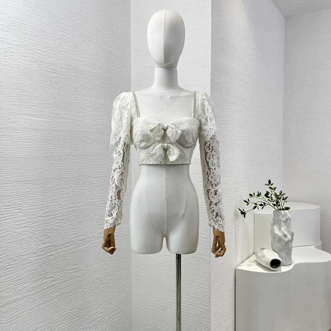 Белая кружевная Лоскутная Юбка-миди с длинным рукавом и бантом