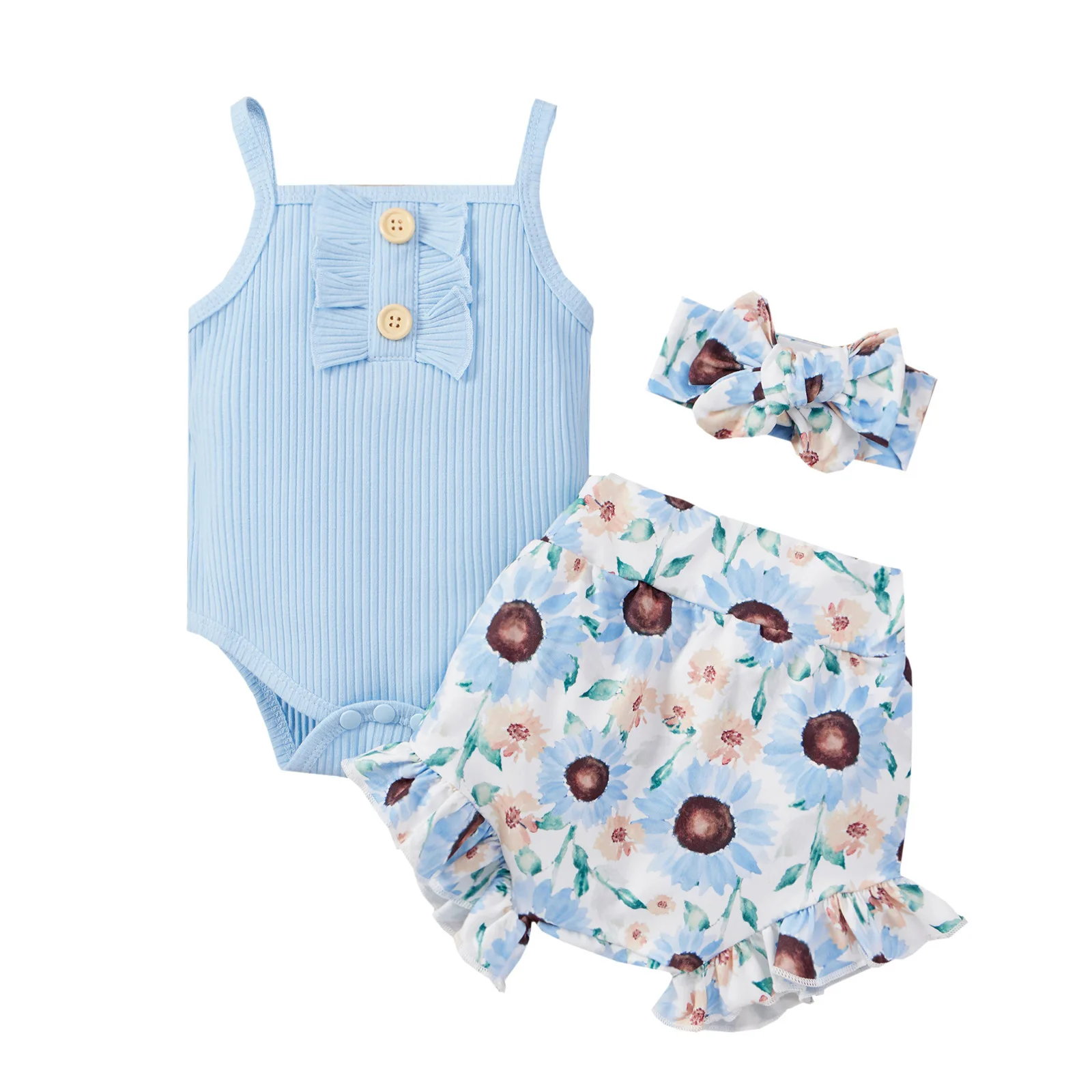 Lovable Baby Girl Summer Jumpsuit Set Infant Cotton Sling + Floral Shorts With Bow Headband Outfit Newborn Toddler Clothes 0-24M