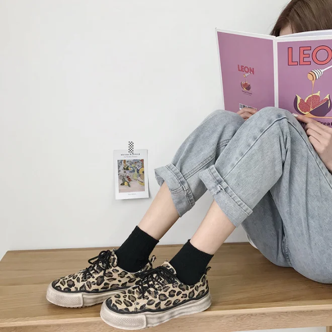 

Туфли женские холщовые с леопардовым принтом, модные туфли на платформе, студенческий стиль, одна обувь, 22 цвета, на лето