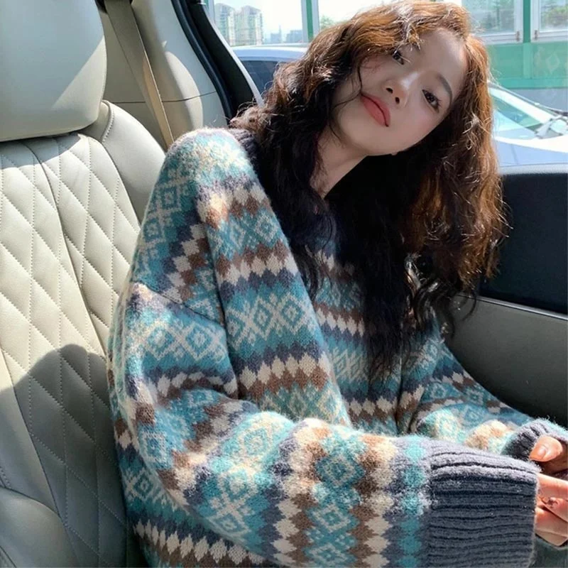 

Winter Knit Sweaters for Women Pullover Top Vintage Long Loose Sweaters Warm Korea Fashion Kawaii Jersey Jumper