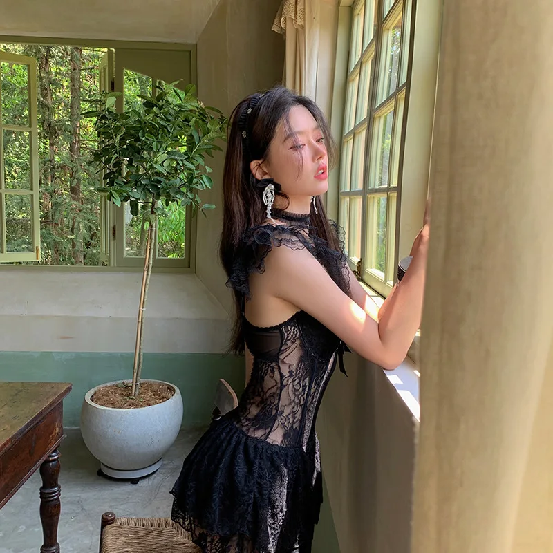 

Elastic Swimwear Women Black Lace Mesh Suits 2023 Big Size Cross Sexy High Waist Bikini Swimsuit Beach Korean Girl Female