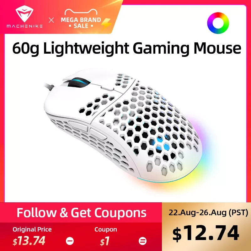 

Игровая мышь Machenike M6 RGB PMW3389, игровая компьютерная мышь 16000DPI, программируемая, регулируемая, для ПК, полый дизайн, светодиодсветильник ка 60g