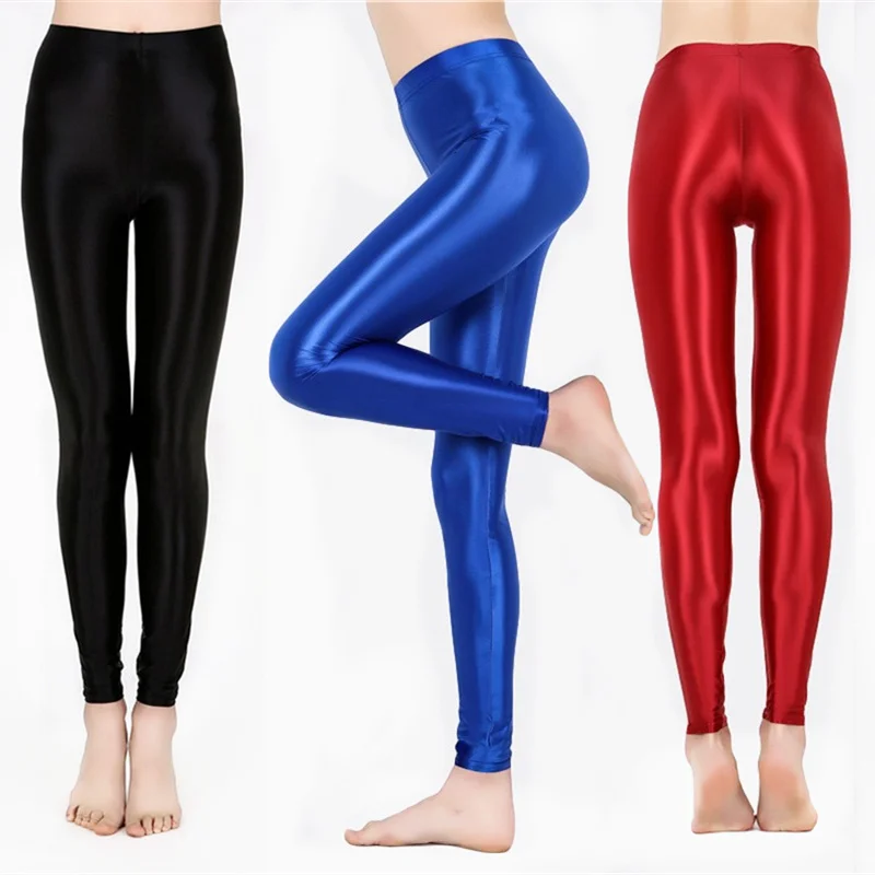 

Sexy Women Solid Color Thin Gloss Shiny Leggings Female Elastic Mid Waist Leggings Spring Autumn Slim Sporty Ankle-Length Pants