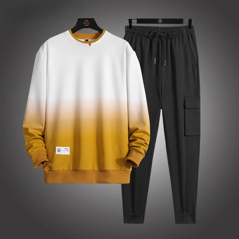 

Fashion Men's Sets 2 Piece Tracksuits Men Autumn Hip Hop O-neck Sportswear Suit+Pants Casual Gradient Pullover Jogger Streetwear