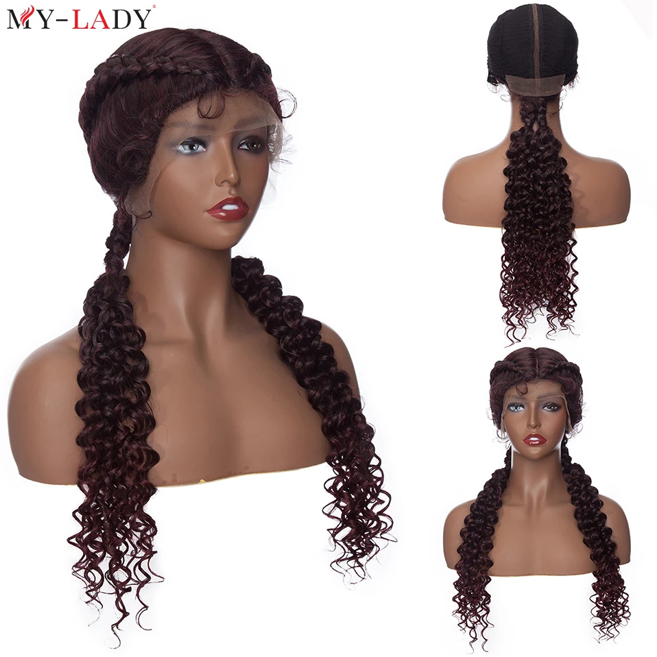 My-Lady Synthetic Box Braided Lace Wigs 25inch Lace Front Wig Dutch Twins Braid Wig With Baby Hair Hand Braided Wig Lace Frontal