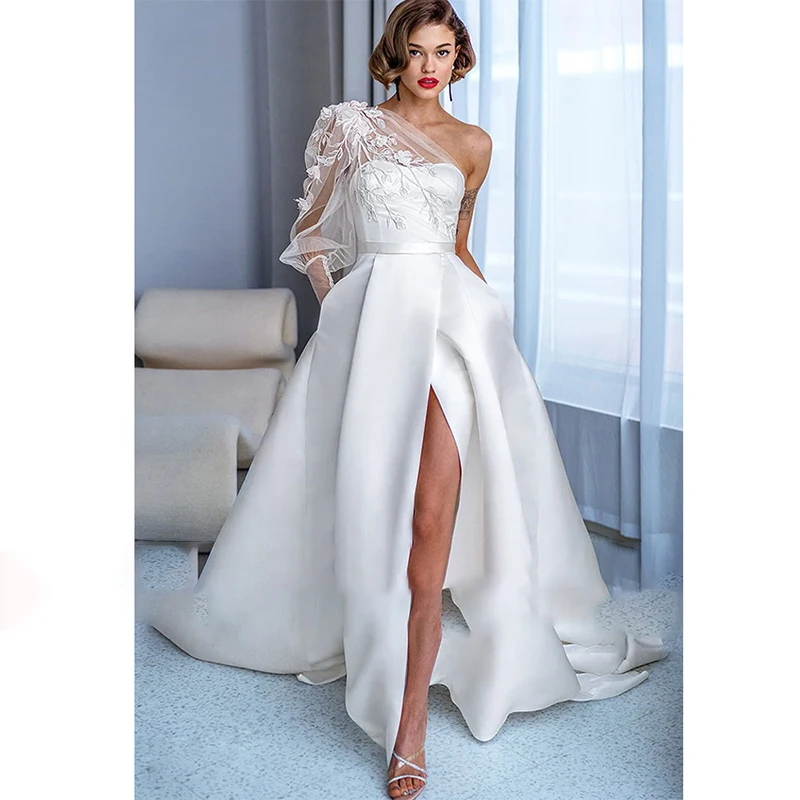 

QUEEN One-Shoulder Wedding Dresses 2022 Sweetheart A-Line 3D Flower Applique Bridal Gowns Sexy Satin Split For Women Custom Made